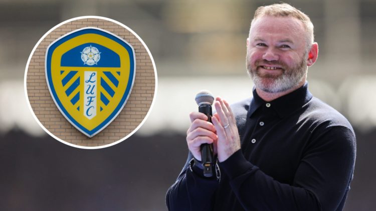 An image featuring Wayne Rooney smiling alongside a Leeds United badge