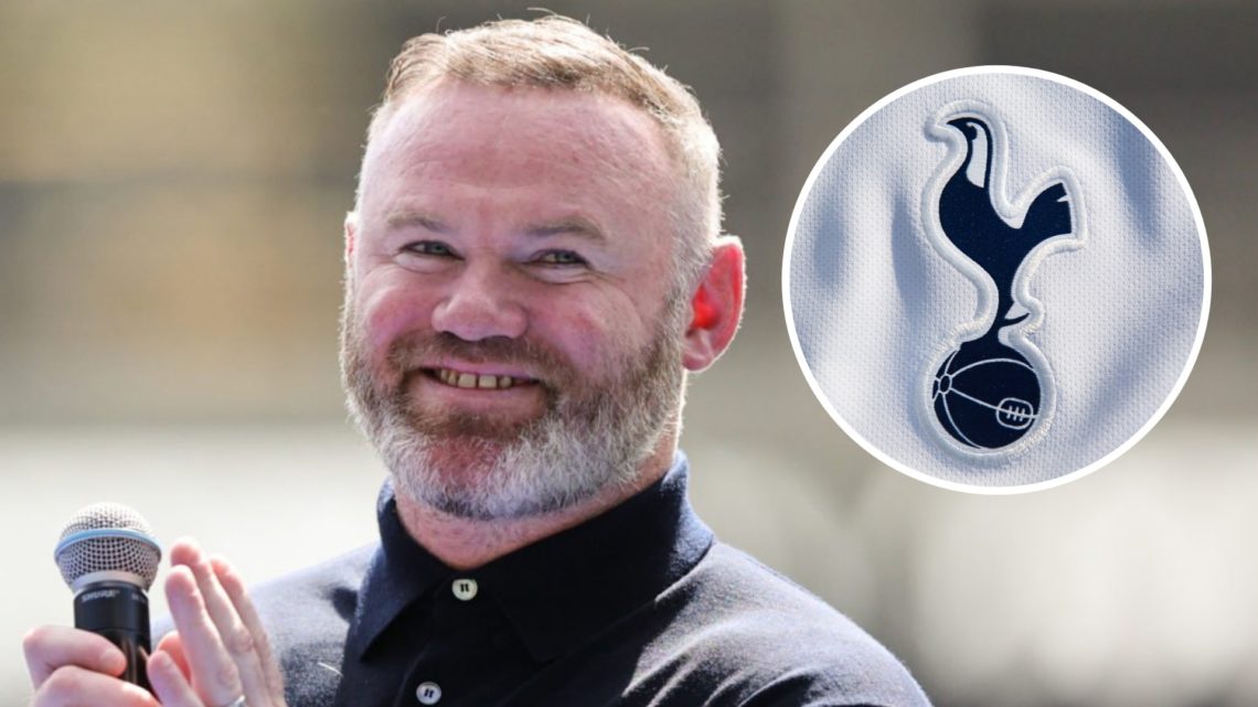 Wayne Rooney working as pundit. Inset of Tottenham Hotspur badge.