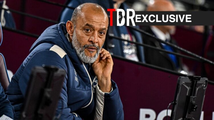 Nuno Espirito Santo looks on during a Premier League clash between West Ham and Brentford, TBR logo and exclusive label inset