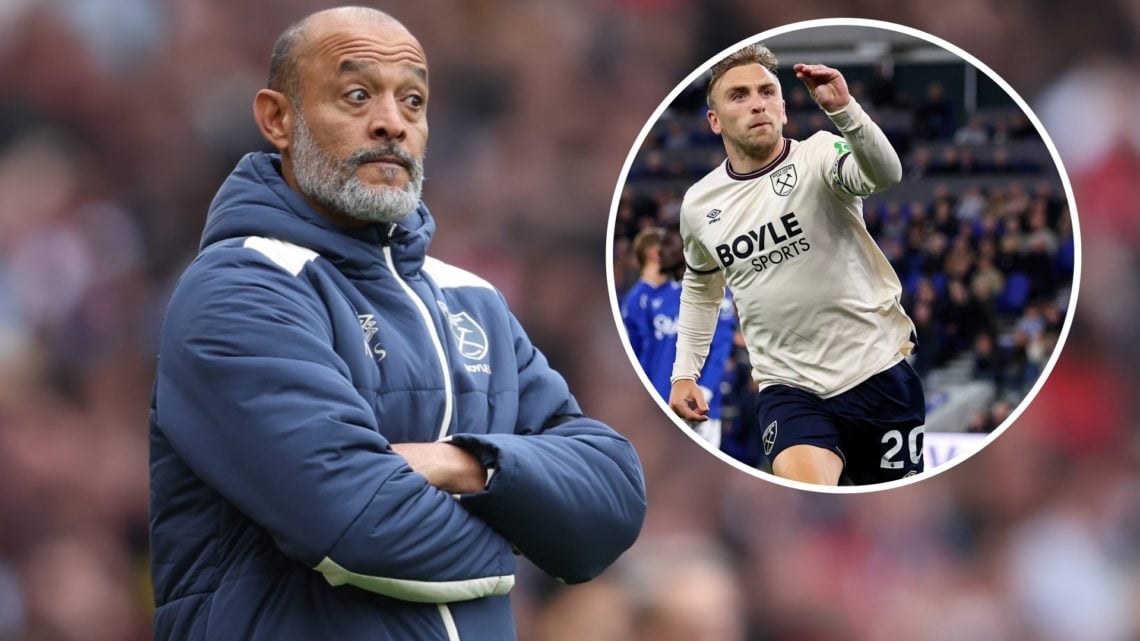 West Ham United head coach Nuno Espirito Santo reacts during the 2-0 defeat against Arsenal at the Emirates, alongside an inset of Jarrod Bowen cel...