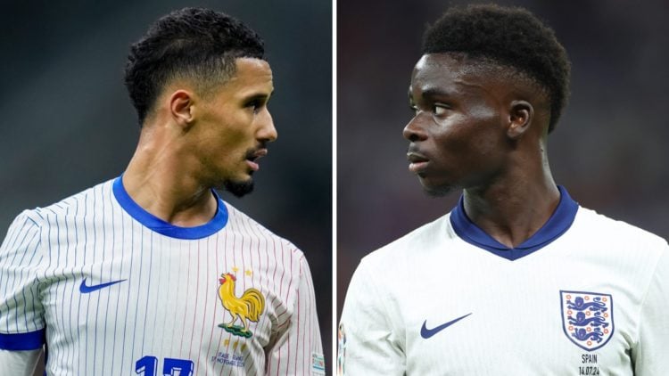 A split image featuring William Saliba playing for France alongside Bukayo Saka for England