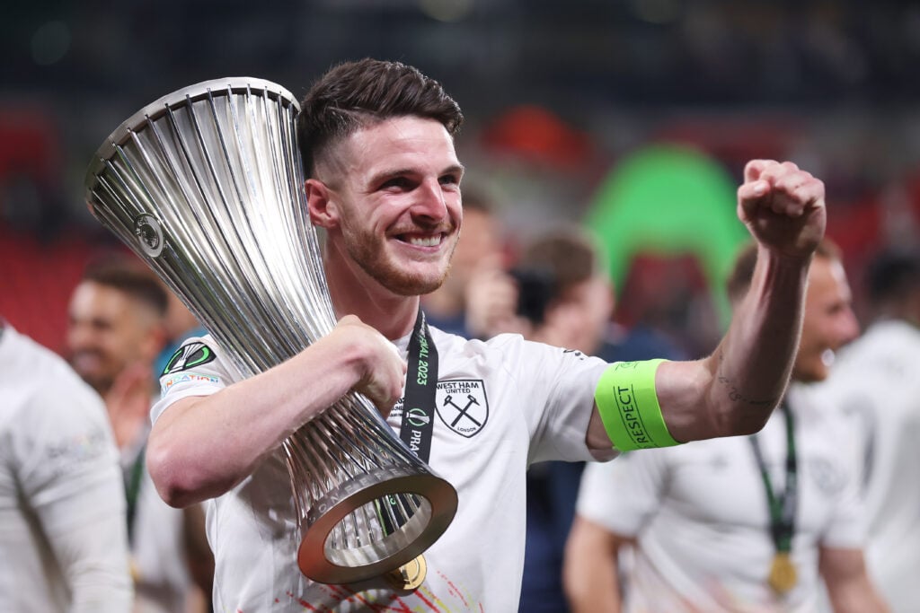 Declan Rice lifts the Europa Conference League with West Ham