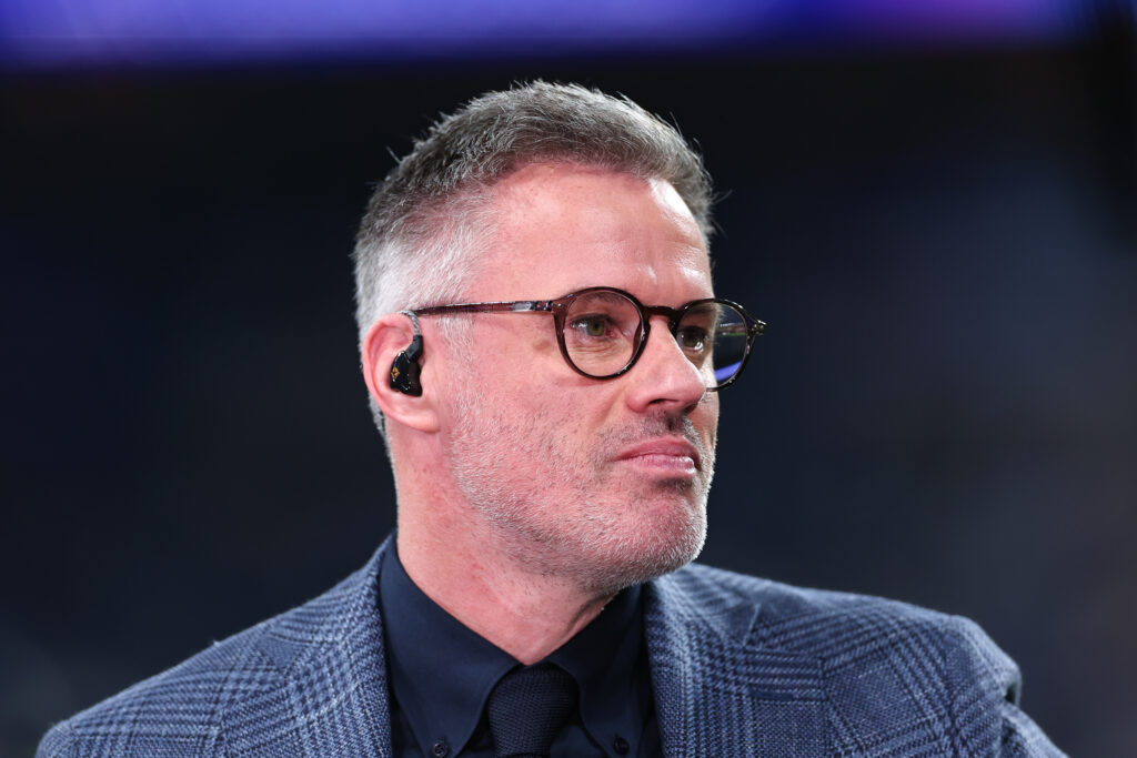 Jamie Carragher looks on during Real Madrid vs Manchester City in the Champions League