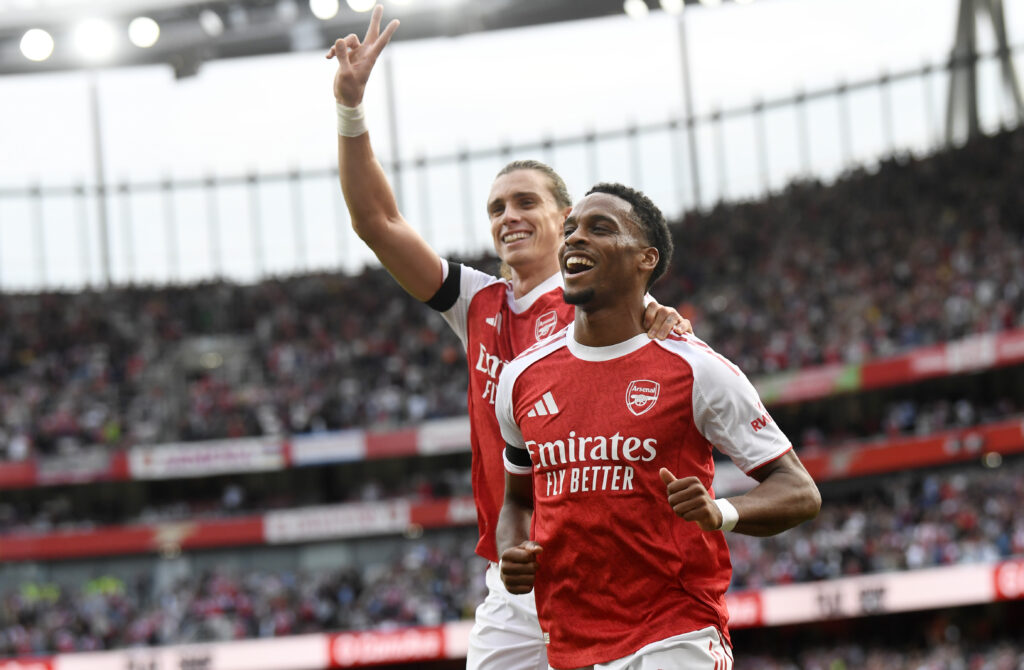 Jurrien Timber and Riccardo Calafiori celebrate during Arsenal v Leeds United in the Premier League