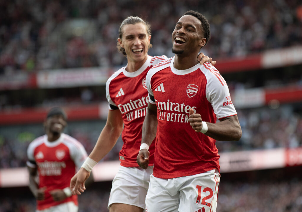 Riccardo Calafiori and Jurrien Timber during Arsenal v Leeds United - Premier League