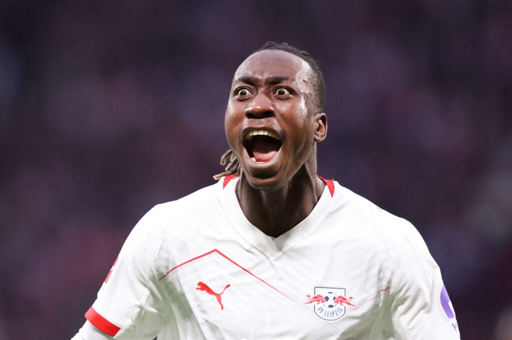 Yan Diomande celebrates scoring for RB Leipzig against Stuttgart