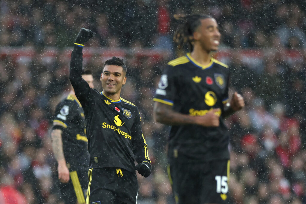 Casemiro celebrates scoring the opening goal during the English Premier League football match between Nottingham Forest and Manchester United