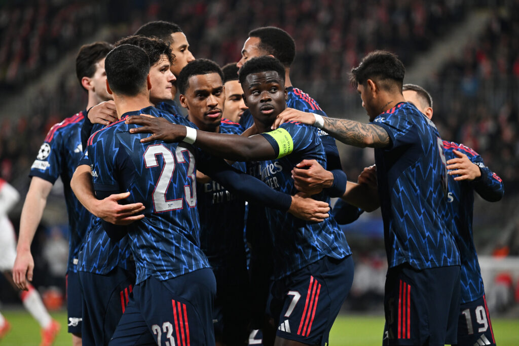 Arsenal players celebrate scoring against Slavia Prague