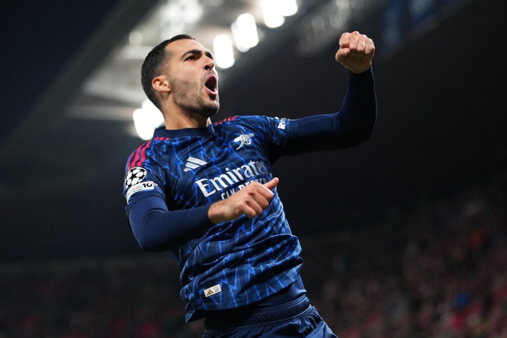 Mikel Merino celebrates scoring for Arsenal against Slavia Prague