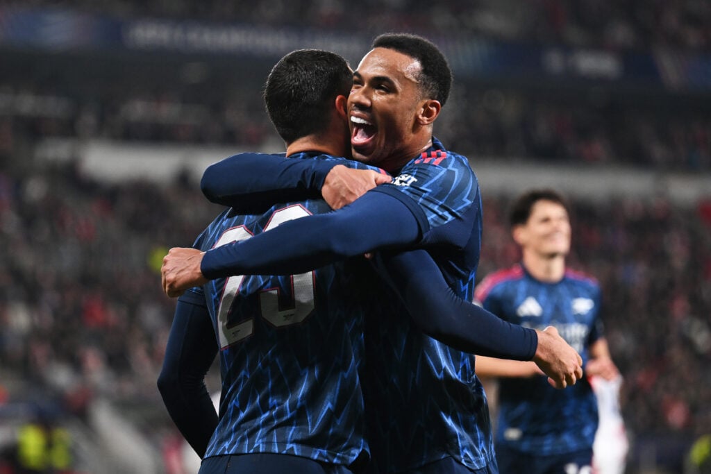 Arsenal players celebrate scoring against Slavia Prague
