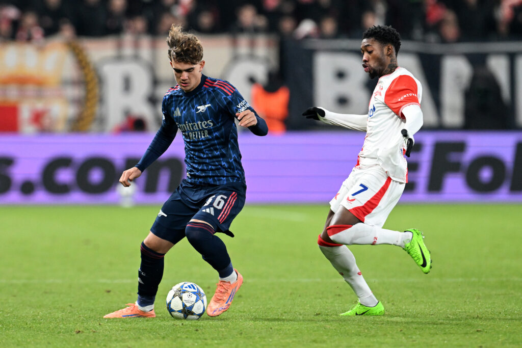 Max Dowman with the ball during Slavia Prague vs Arsenal