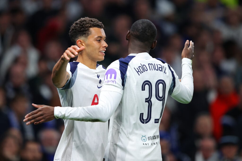 Brennan Johnson of Tottenham Hotspur celebrates after scoring their side's first goal with teammate Randal Kolo Muani vs Copenhagen