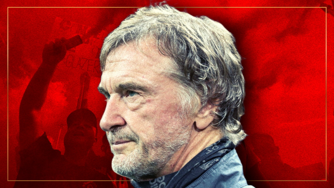 Manchester United cover art featuring Sir Jim Ratcliffe and protests against the Glazer