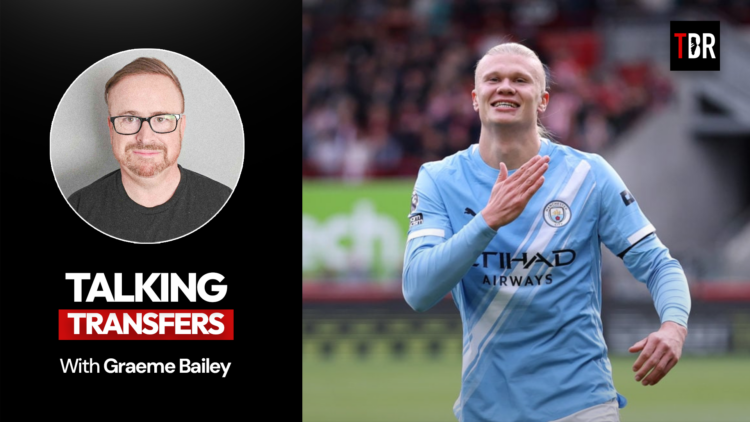 Erling Haaland of Manchester City (right) celebrates, Graeme Bailey with a Talking Transfers logo (left)