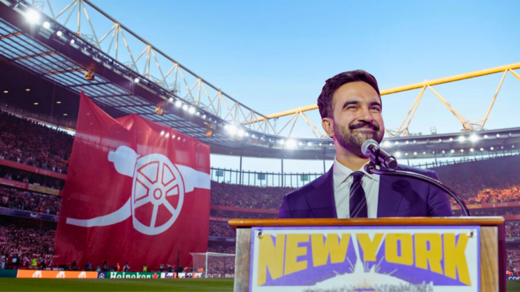 Mayor of New York Zohran Mamdani and Arsenal stadium split image