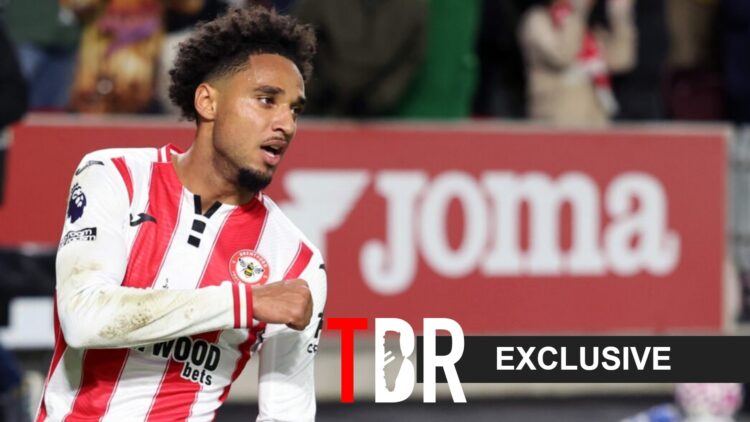 Tottenham target Kevin Schade celebrates goal for Brentford against Liverpool.