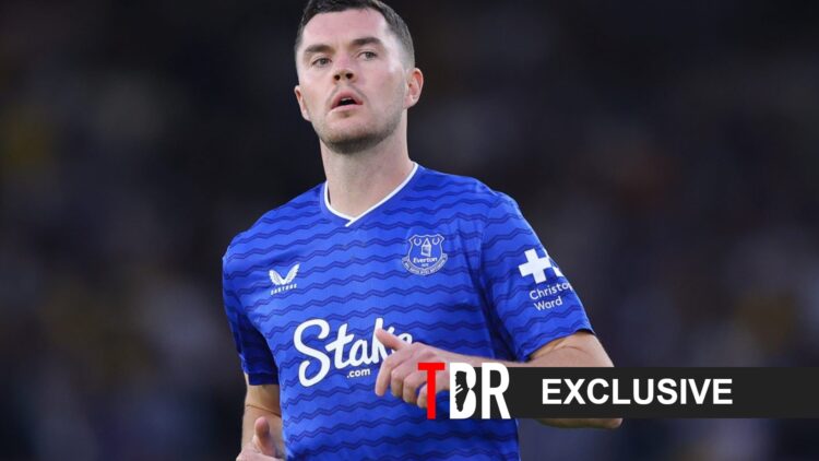 Everton defender Michael Keane, with exclusive banner overlaid.