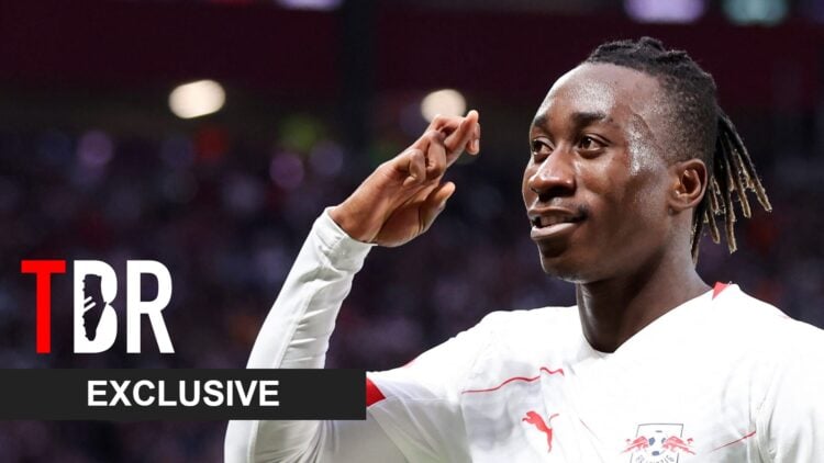 RB Leipzig winger Yan Diomande celebrates goal.