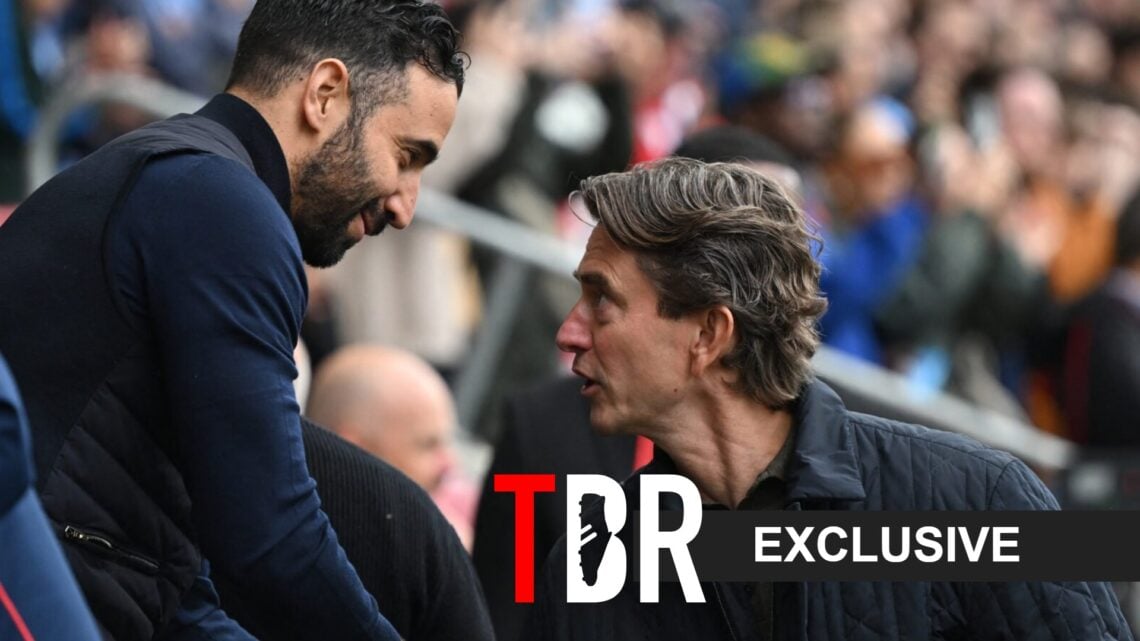 Tottenham manager Thomas Frank and Manchester United boss Ruben Amorim shake hands.