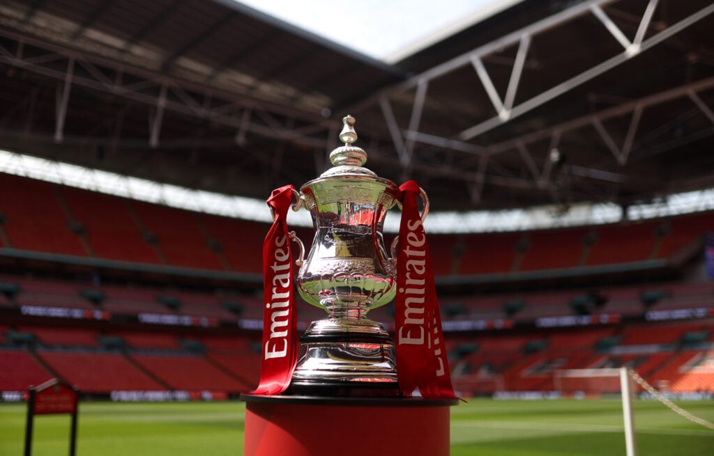 A detailed view of the Emirates FA Cup trophy prior to the Emirates FA Cup Semi Final match between Chelsea and Leeds United