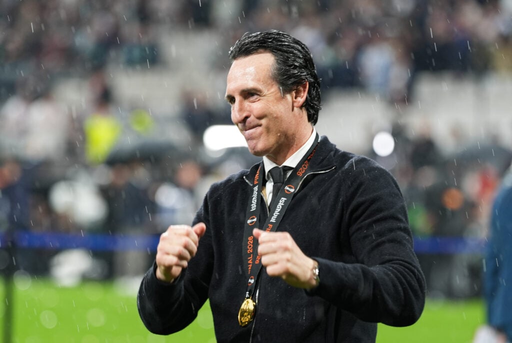 Unai Emery celebrates after guiding Aston Villa to UEFA Europa League glory